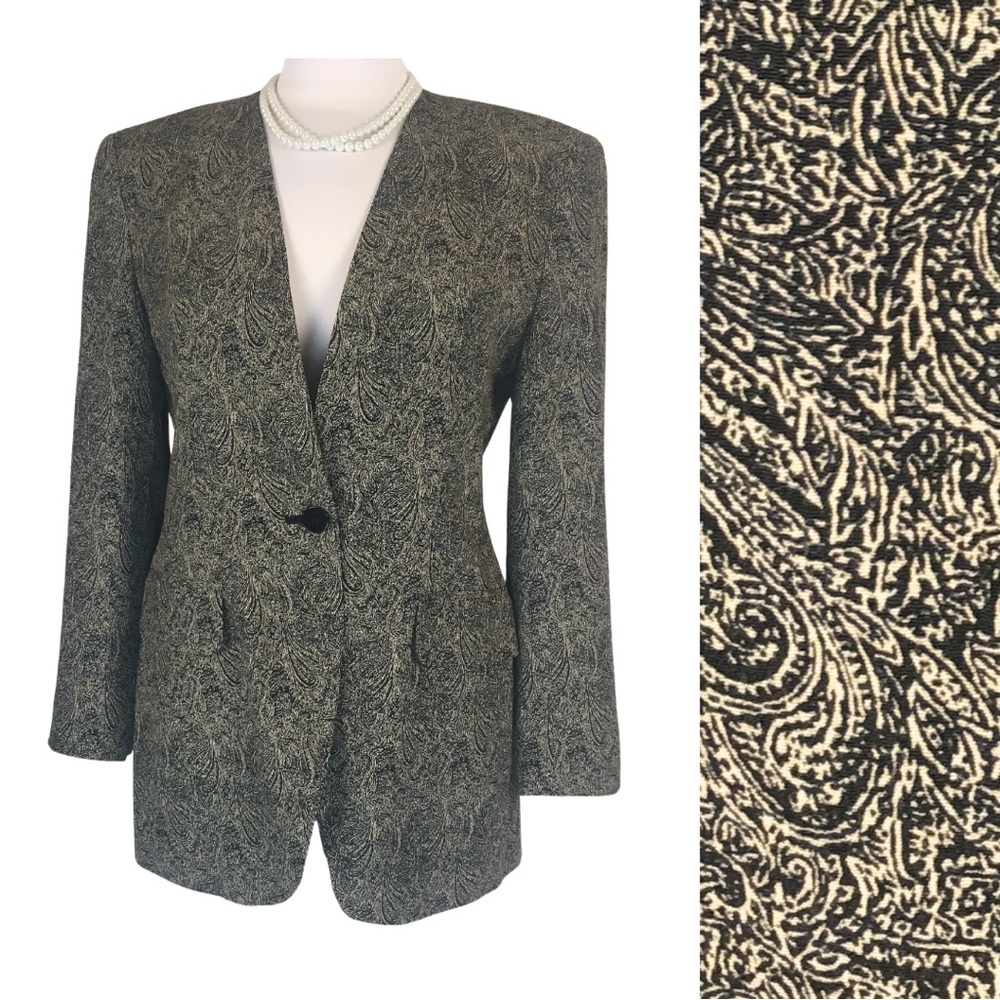 Evan Picone Vintage Black w/ Cream Paisley Print Collarless Blazer Jacket size 4